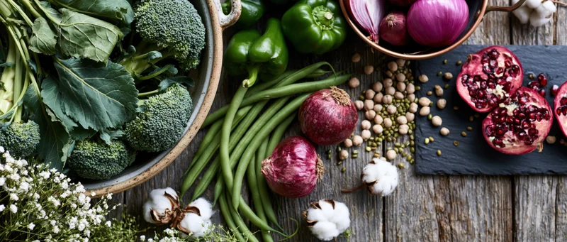 Fresh vegetables and ingredients arranged on a rustic wooden surface in a flat-lay overhead composition