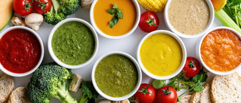 Seven bowls of vegetable cream soup arranged with fresh ingredients on white surface
