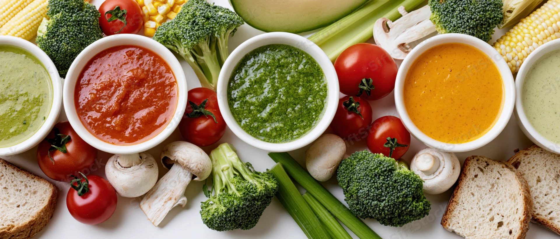 Seven bowls of vegetable cream soups arranged with fresh produce and bread on white surface