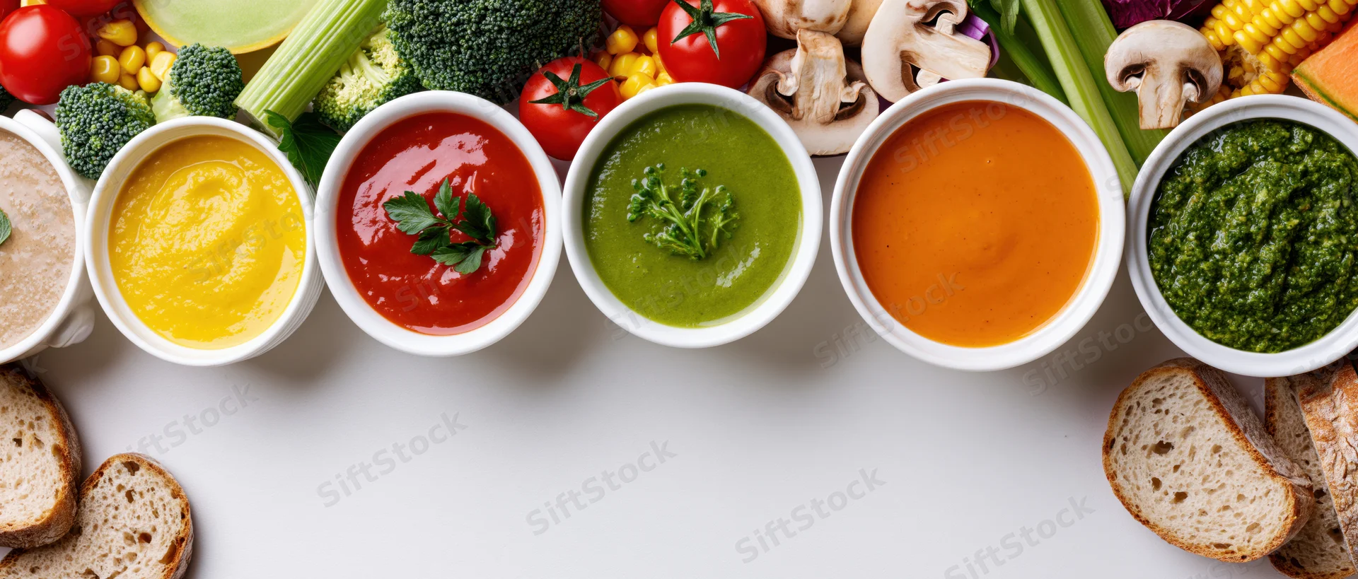 Seven bowls of vegetable cream soup arranged in a row on a white surface with fresh vegetables and bread slices around