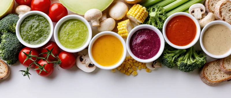 Seven bowls of colorful vegetable cream soups arranged in a flat lay with fresh ingredients around them