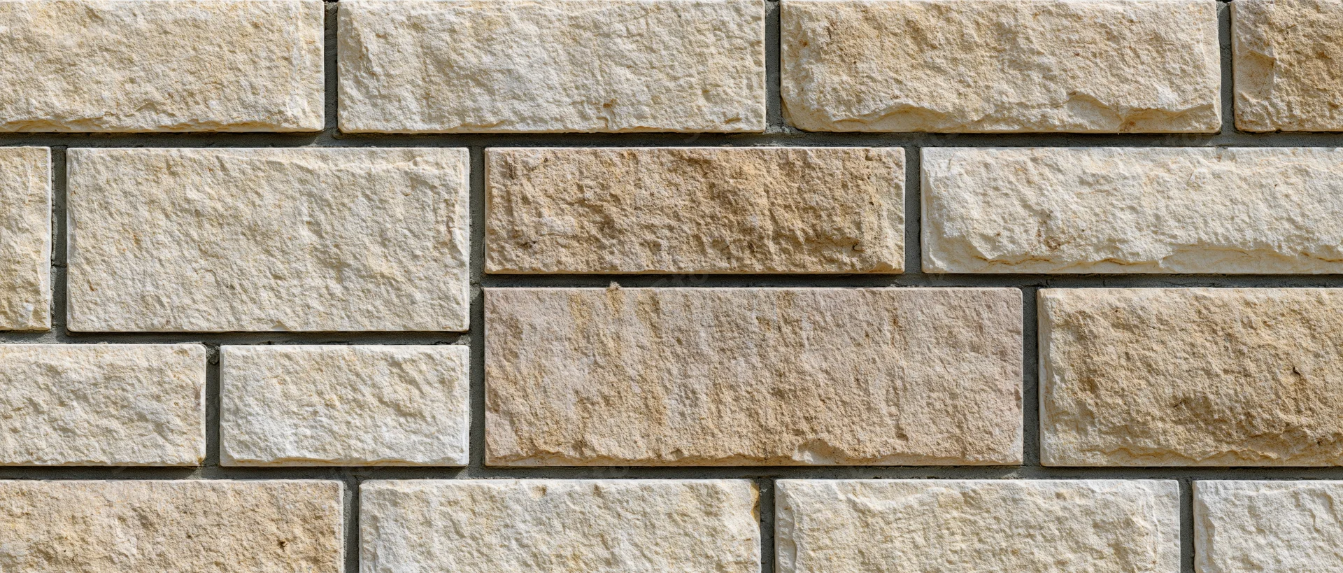Flat exterior wall covered in irregularly sized cut sandstone blocks arranged in a staggered pattern