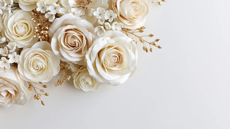 Flat lay of ivory and cream paper roses with gold foliage arranged on white surface