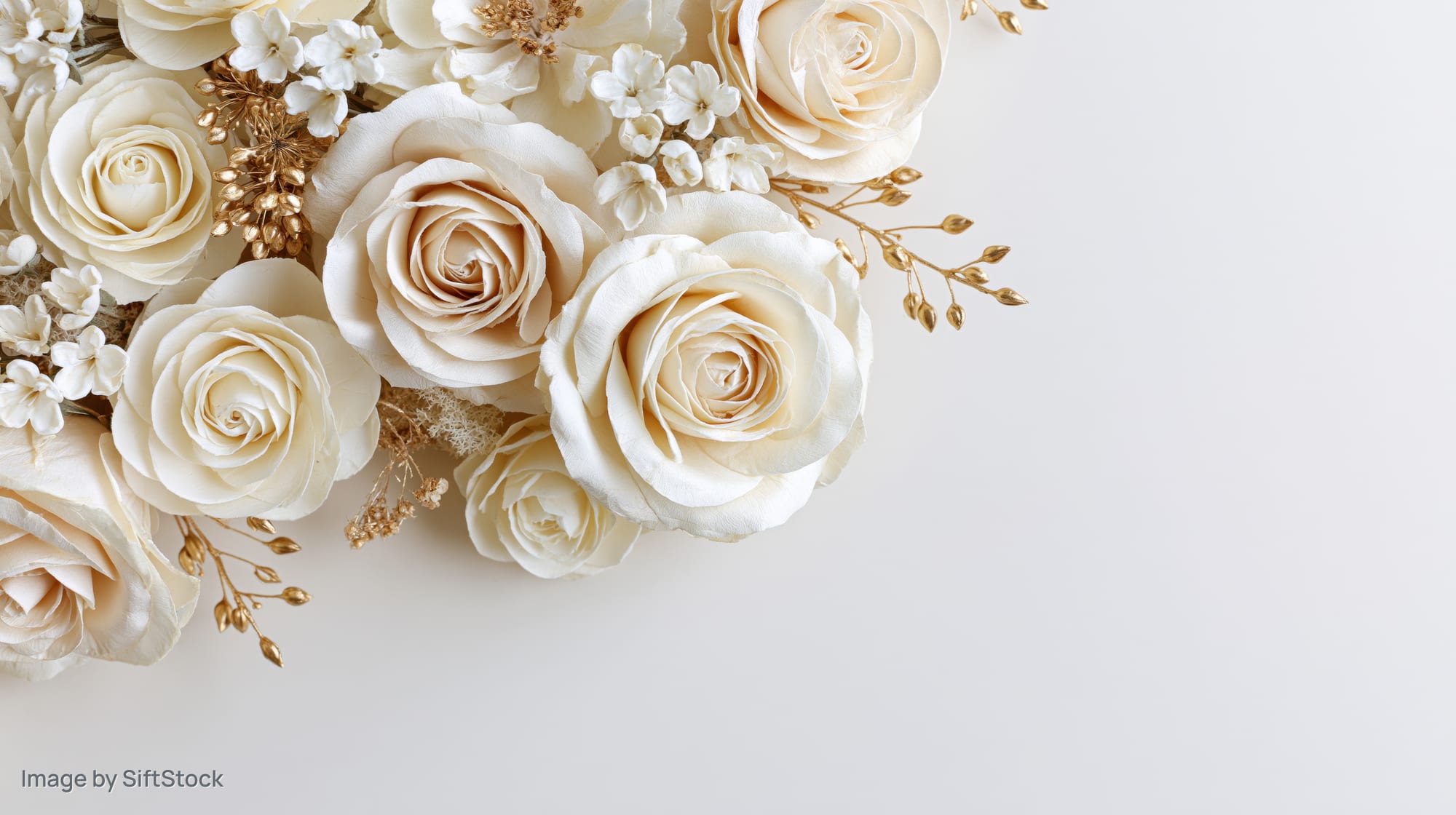Flat lay of ivory and cream paper roses with gold foliage arranged on white surface