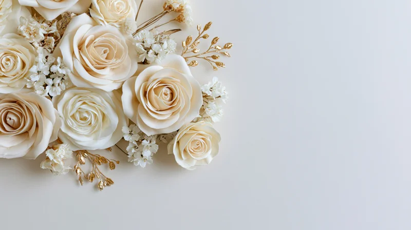 Flat lay of ivory and cream paper roses with gold foliage on white background