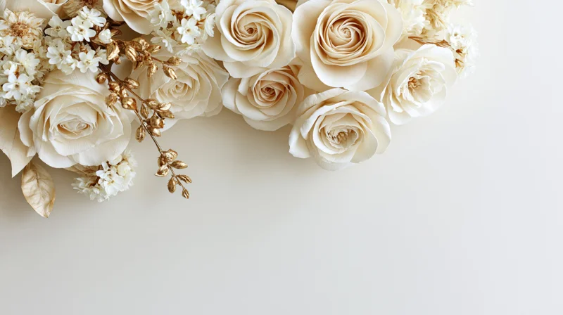 Flat lay of ivory and cream paper roses with gold foliage arranged in a corner on a white surface