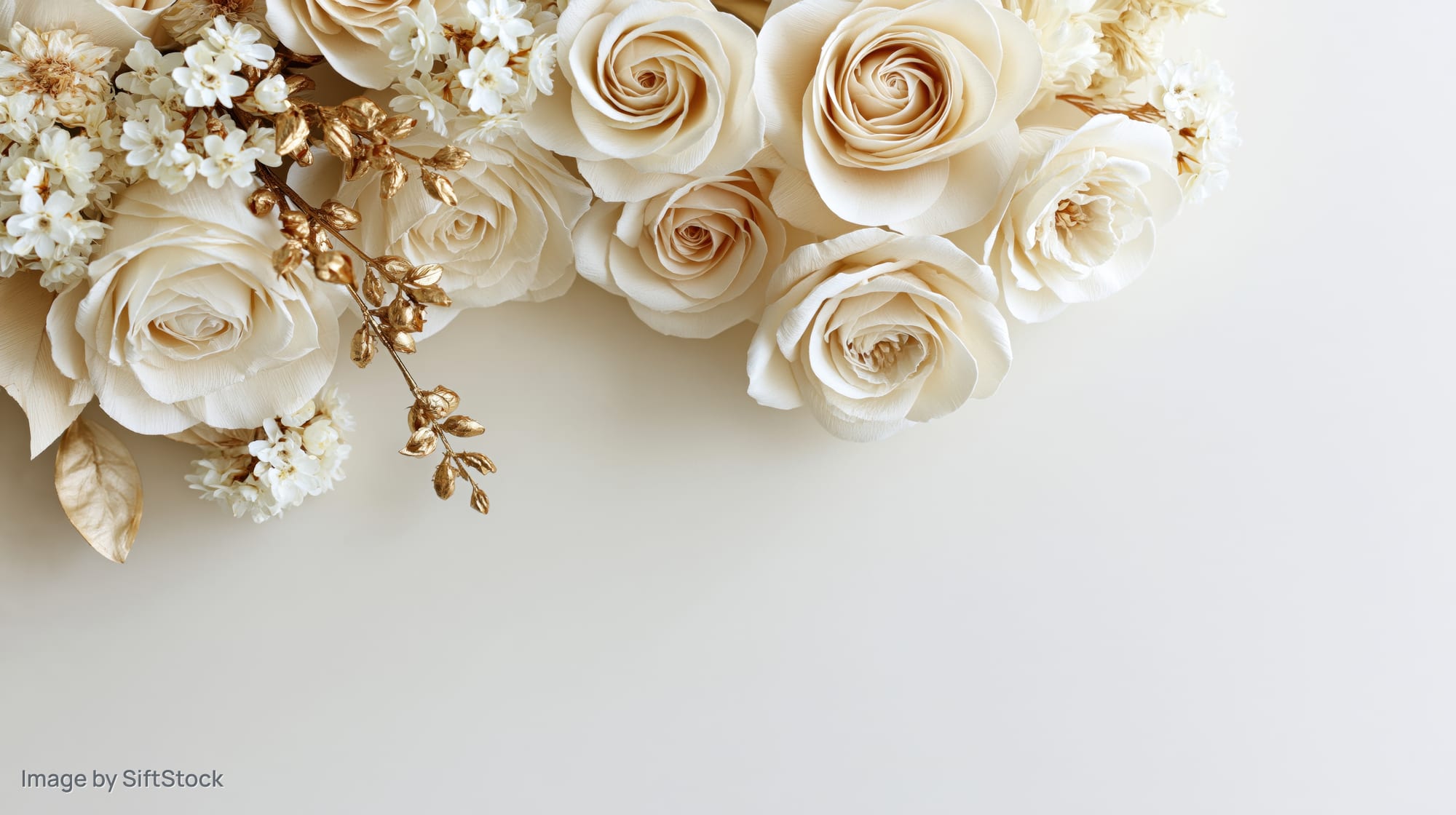 Flat lay of ivory and cream paper roses with gold foliage arranged in a corner on a white surface