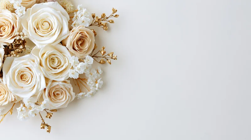 Flat lay of ivory and cream paper roses with gold foliage and white filler flowers on white surface