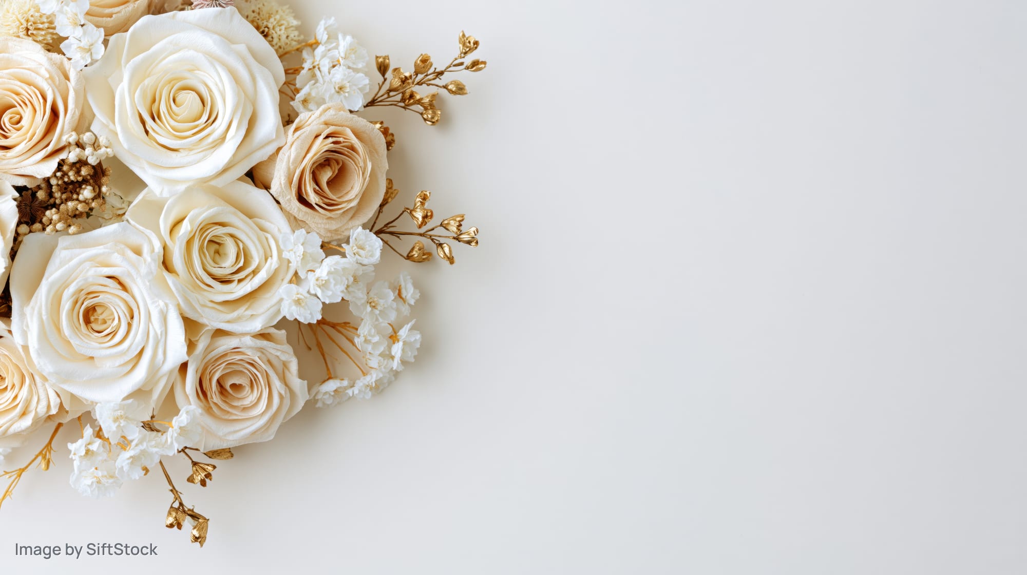 Flat lay of ivory and cream paper roses with gold foliage and white filler flowers on white surface