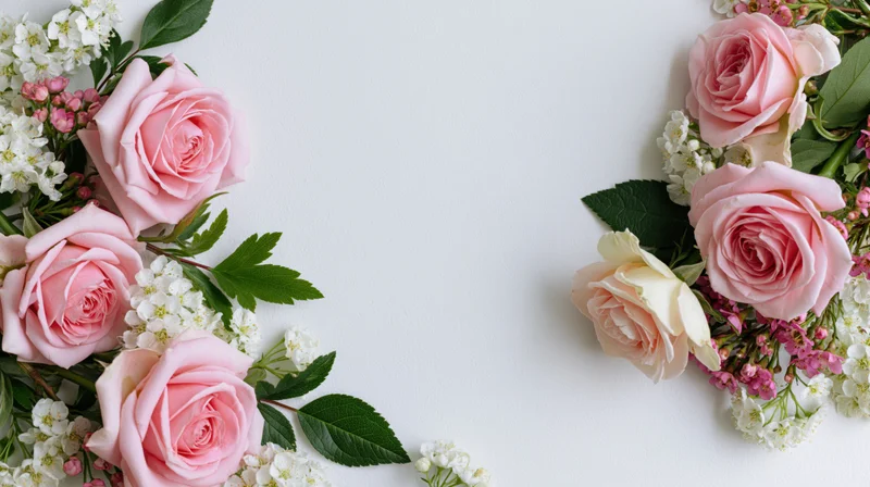 Soft pink roses and small white blossoms arranged in flat lay on white surface with copyspace