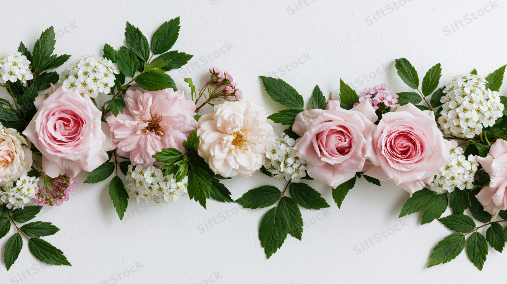 Flat lay floral arrangement of pink roses and white blossoms on white surface
