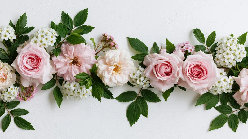 Flat lay floral arrangement of pink roses and white blossoms on white surface