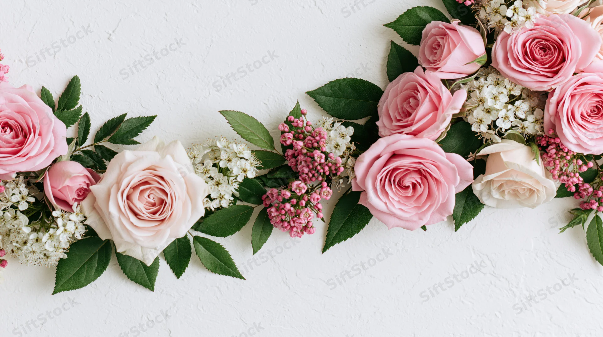 Flat lay of soft pink roses and small white blossoms with green leaves arranged on a white textured surface