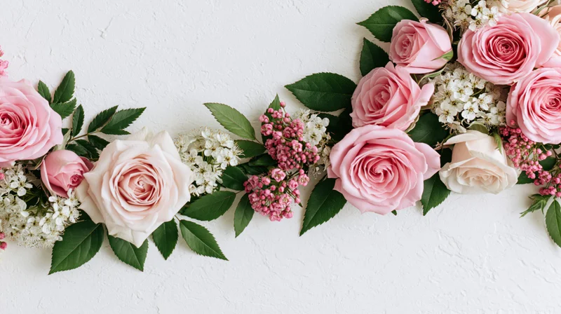 Flat lay of soft pink roses and small white blossoms with green leaves arranged on a white textured surface