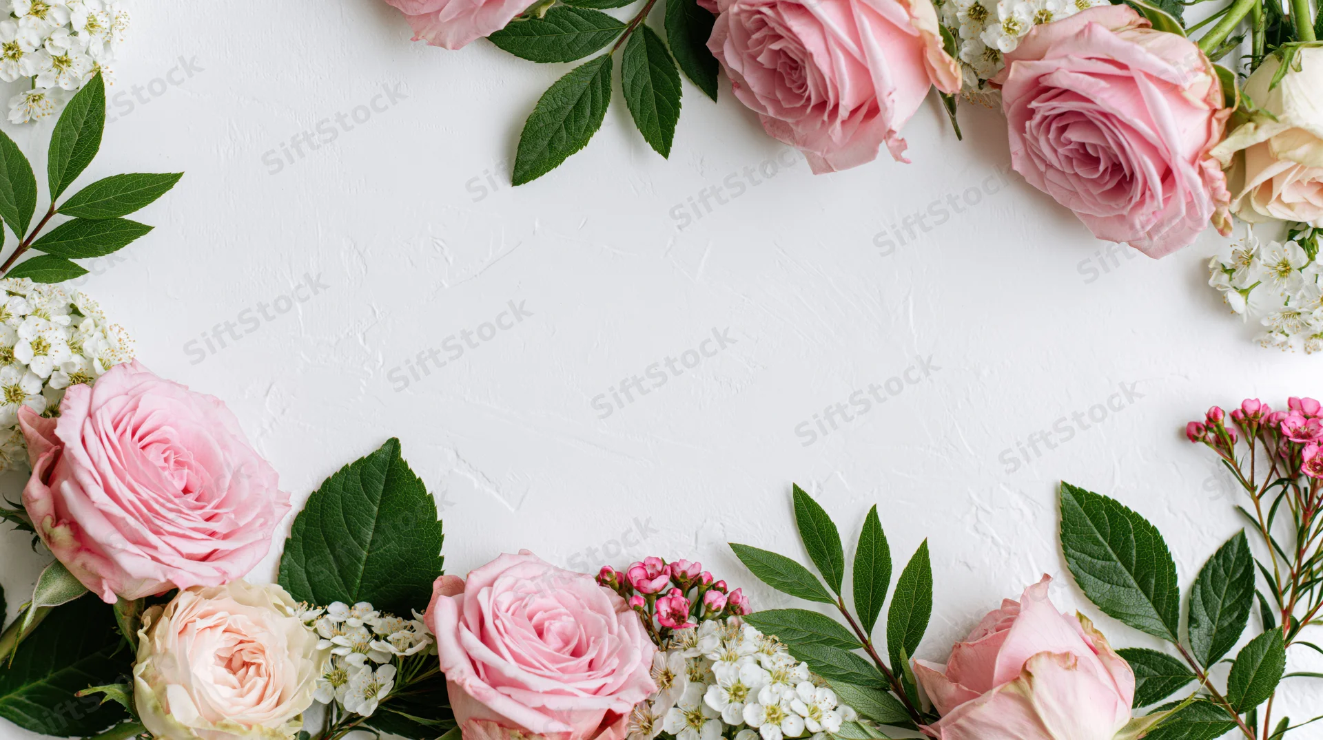 Pink roses and white blossoms arranged in a border on a white textured surface with copyspace