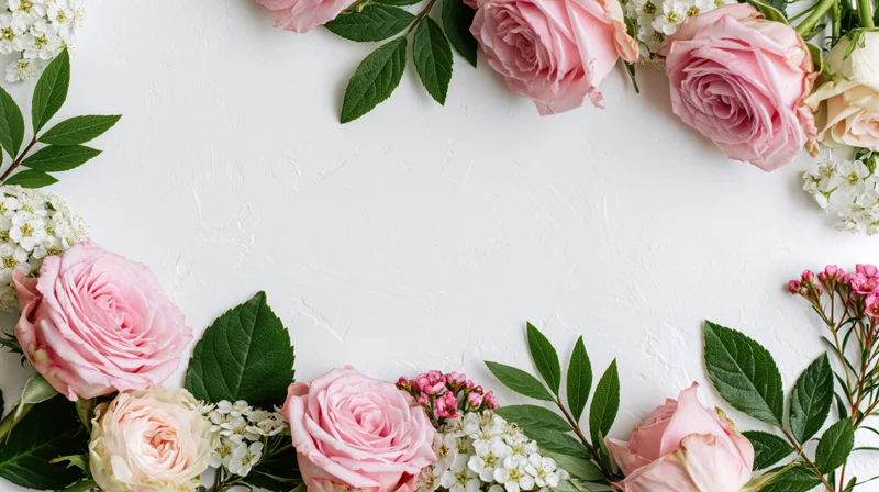 Pink roses and white blossoms arranged in a border on a white textured surface with copyspace