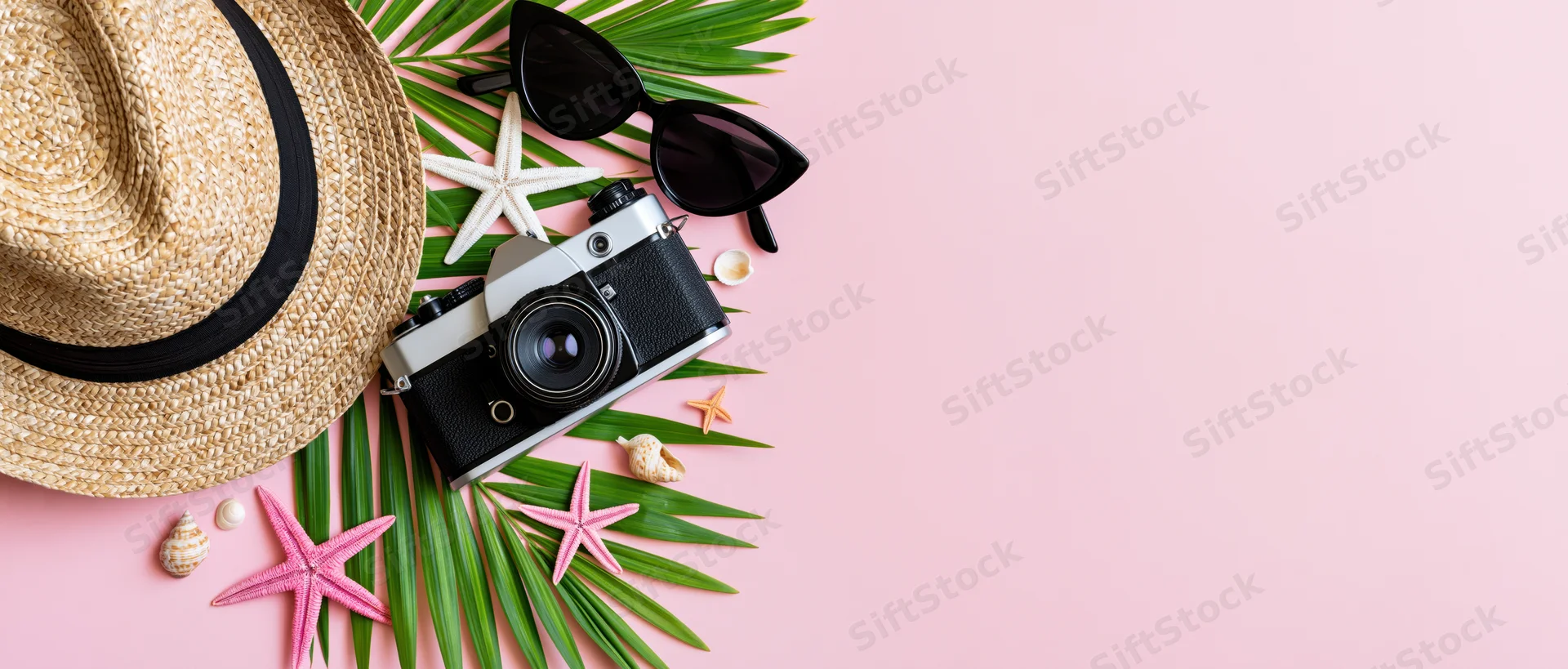 Summer travel accessories arranged on pink background with palm leaves and starfish