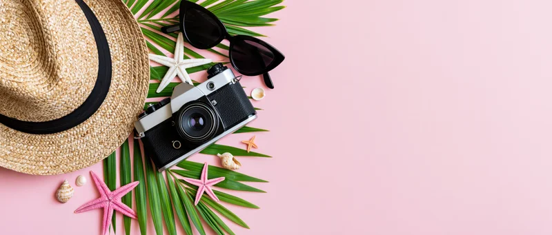 Summer travel accessories arranged on pink background with palm leaves and starfish