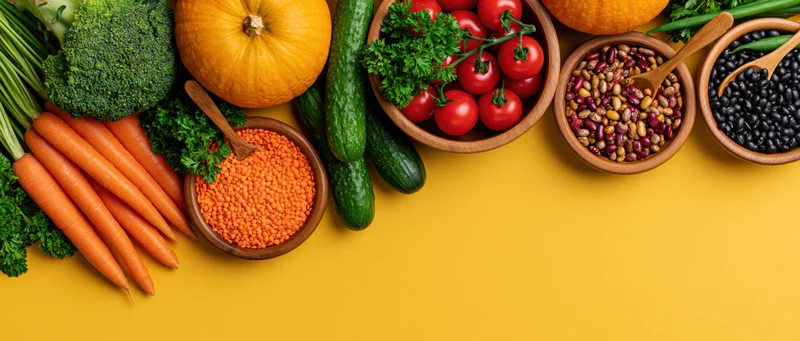 Fresh vegetables and legumes arranged in wooden bowls on a yellow surface with copyspace