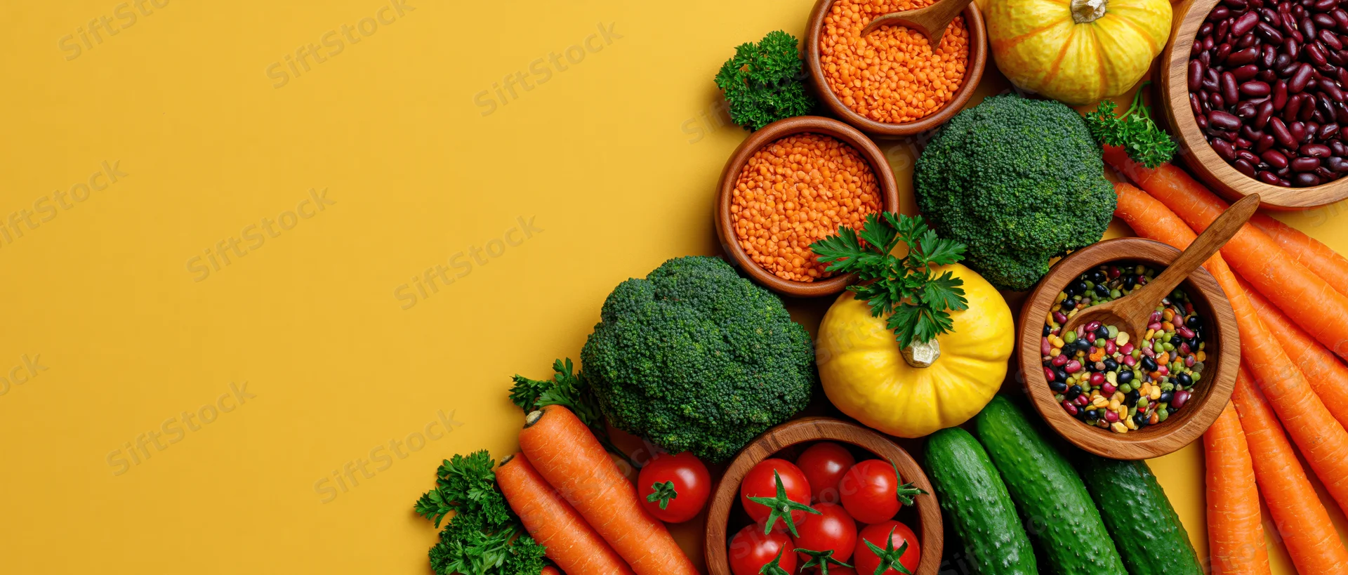 Fresh vegetables and legumes arranged in wooden bowls on a yellow background with copyspace