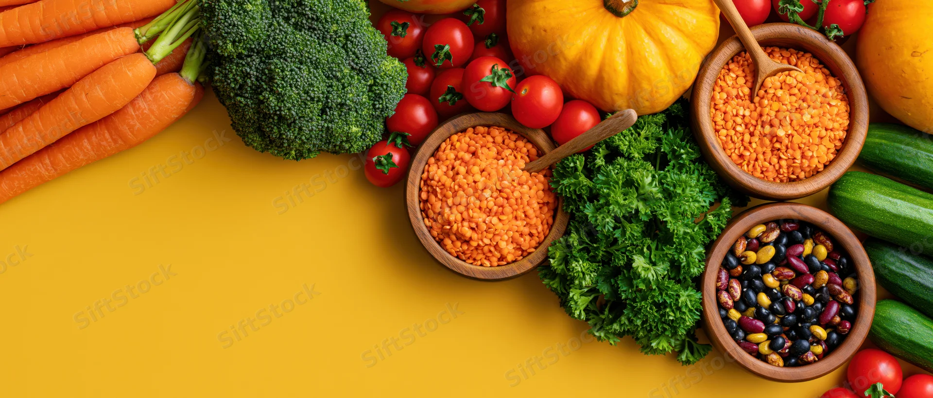 Fresh vegetables and legumes arranged in wooden bowls on a yellow surface with copyspace