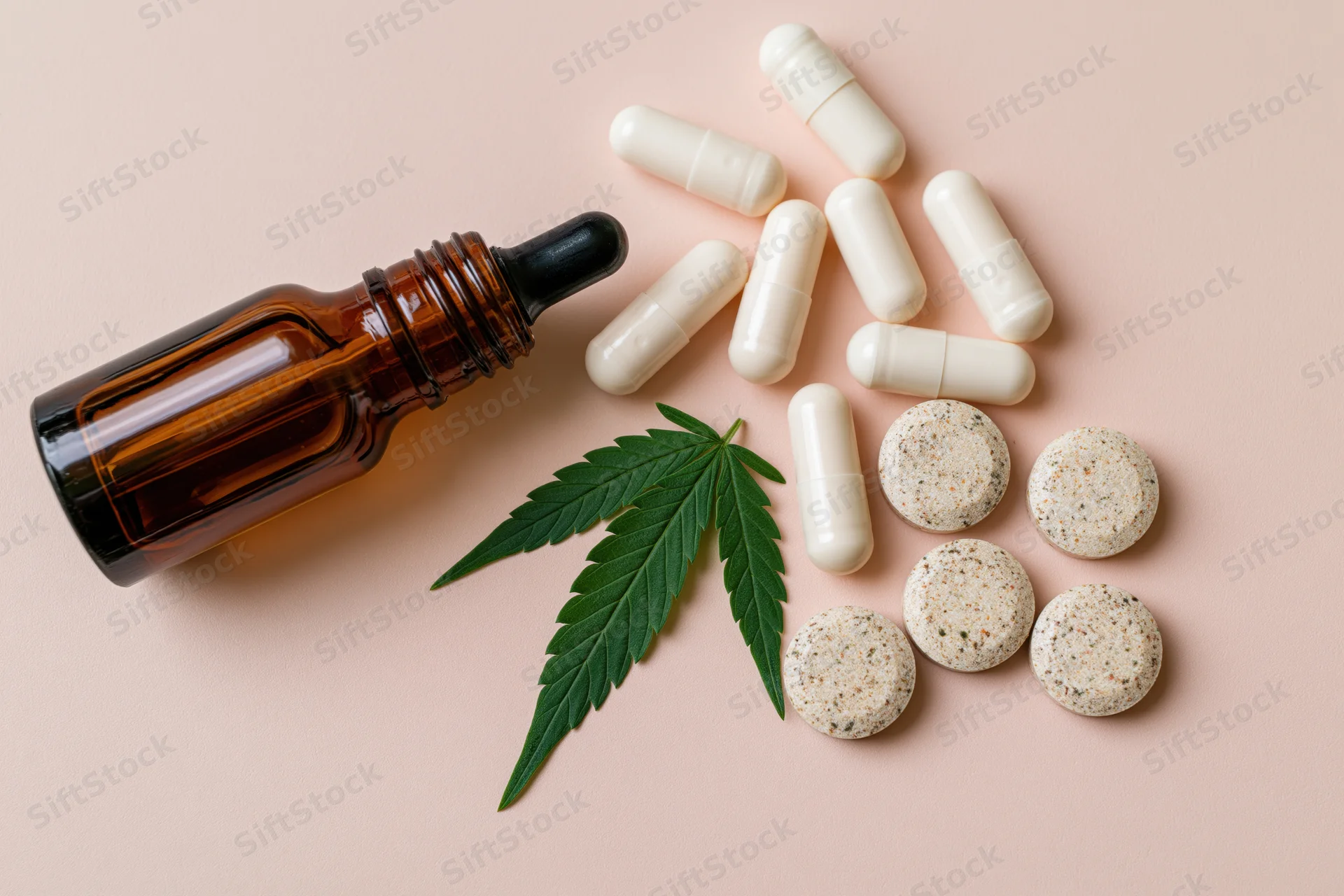 Cbd wellness products including capsules, tablets, dropper bottle and cannabis leaf arranged on pale blush background