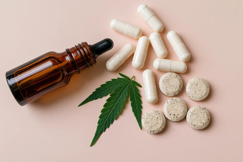 Cbd wellness products including capsules, tablets, dropper bottle and cannabis leaf arranged on pale blush background
