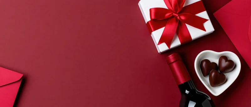 Valentines day gift arrangement with wine, chocolates, and envelopes on red surface