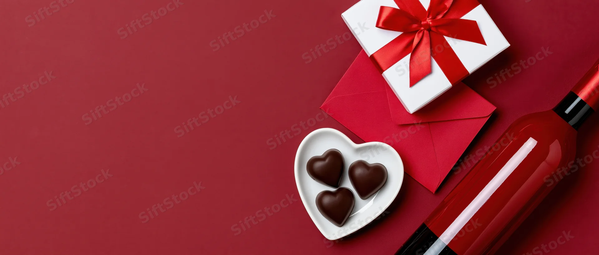 Valentines day gift arrangement with wine, chocolates, and heart-shaped box on red background