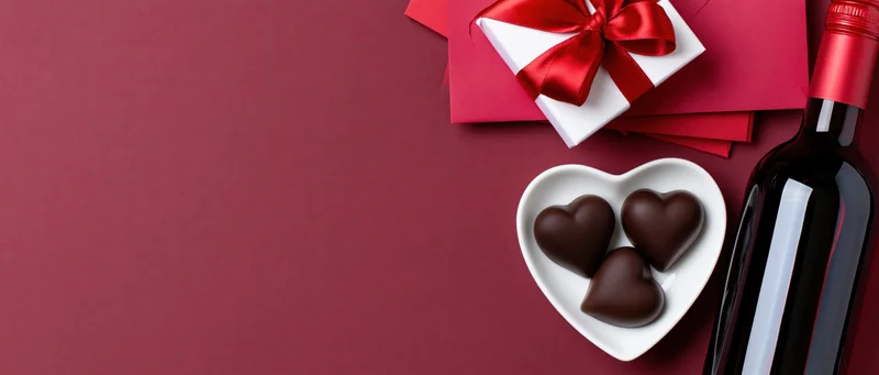 Heart-shaped bowl with chocolate candies, gift box with red ribbon, wine bottle and envelopes arranged on red surface