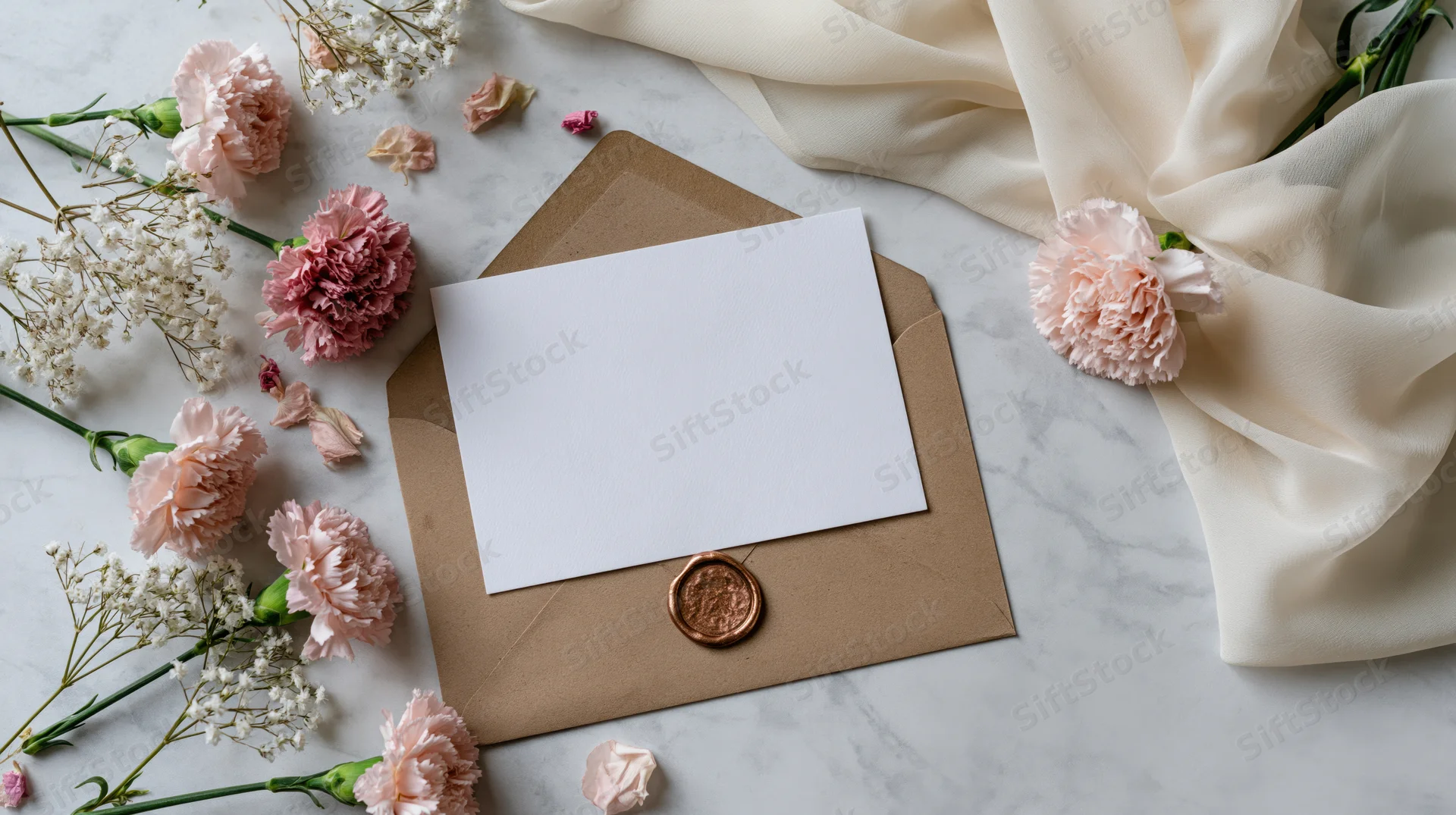 Blank white card on kraft envelope with pink carnations and gypsophila on marble surface
