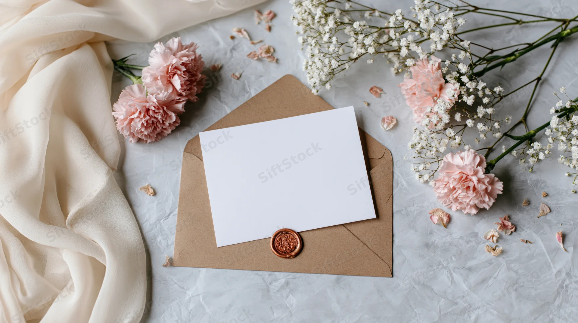 Blank white card on kraft envelope with pink carnations and baby's breath, flat lay on crumpled fabric