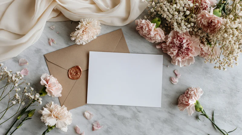 Blank white card on kraft envelope with pink carnations and baby's breath on marble surface