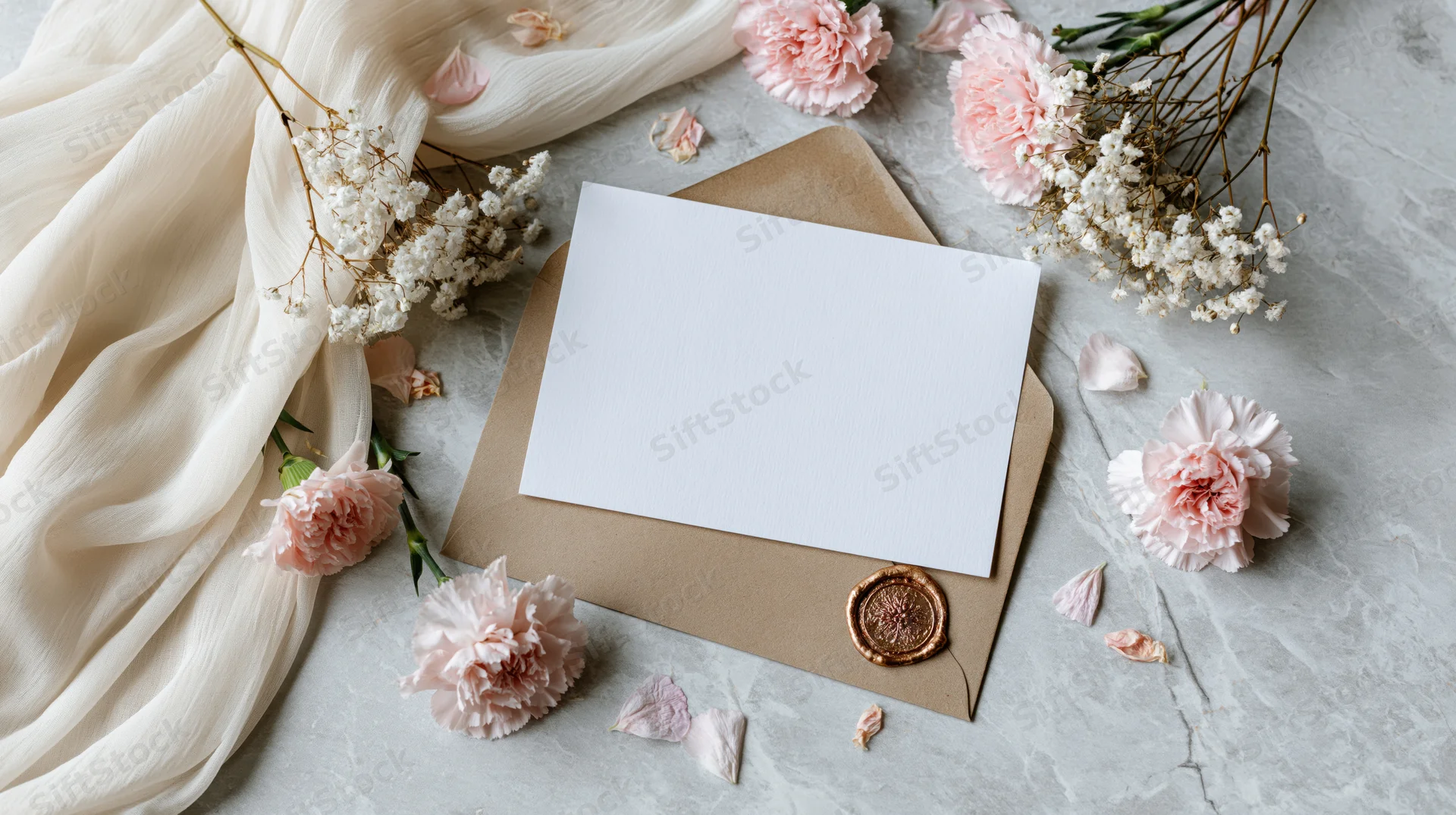 Blank white card on kraft envelope with pink carnations and baby's breath arranged on marble surface