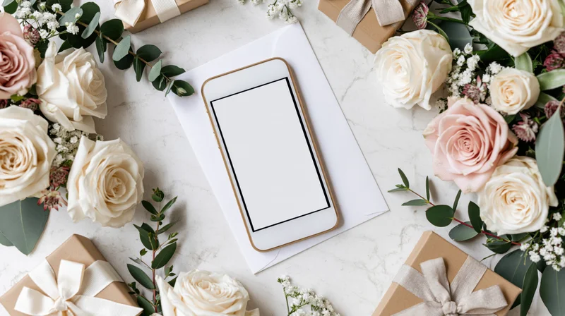Gold-framed smartphone with blank screen on marble surface surrounded by roses, gift boxes, and eucalyptus in flat lay arrangement