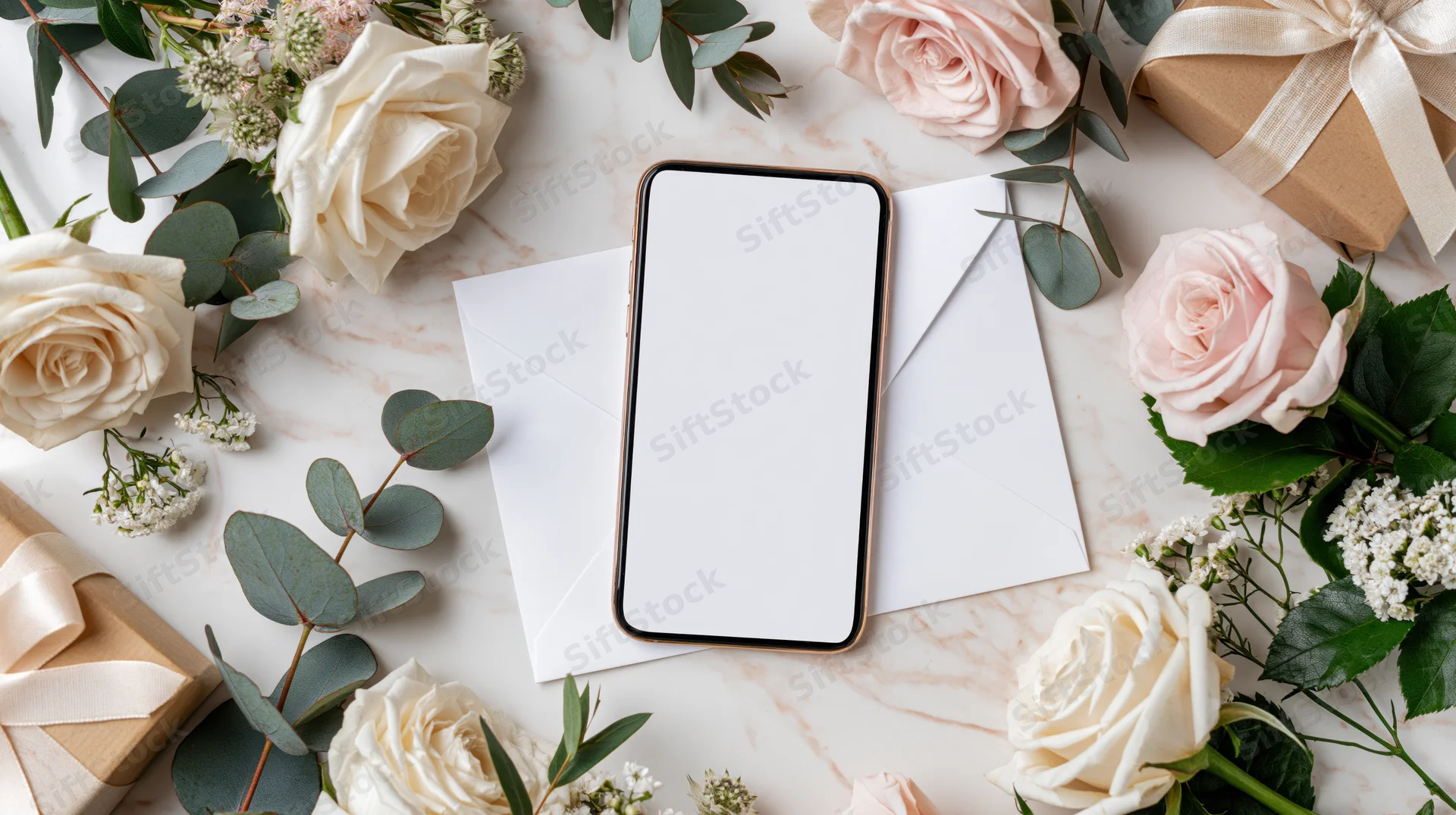 Gold-framed smartphone with blank white screen surrounded by roses, gift boxes, envelopes and eucalyptus on marble surface