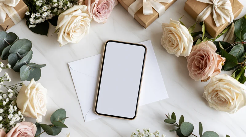 Gold-framed smartphone with blank screen on marble surface surrounded by roses, eucalyptus, gift boxes and envelope in flat lay arrangement