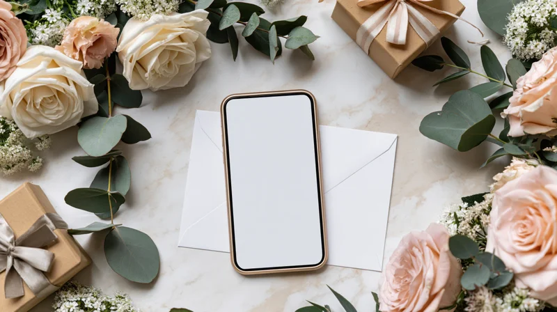 Gold-framed smartphone with blank white screen surrounded by roses, eucalyptus, gift boxes and envelopes on marble surface