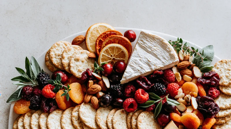 Horizontal charcuterie spread with cheese, fruit, nuts and crackers on a white plate