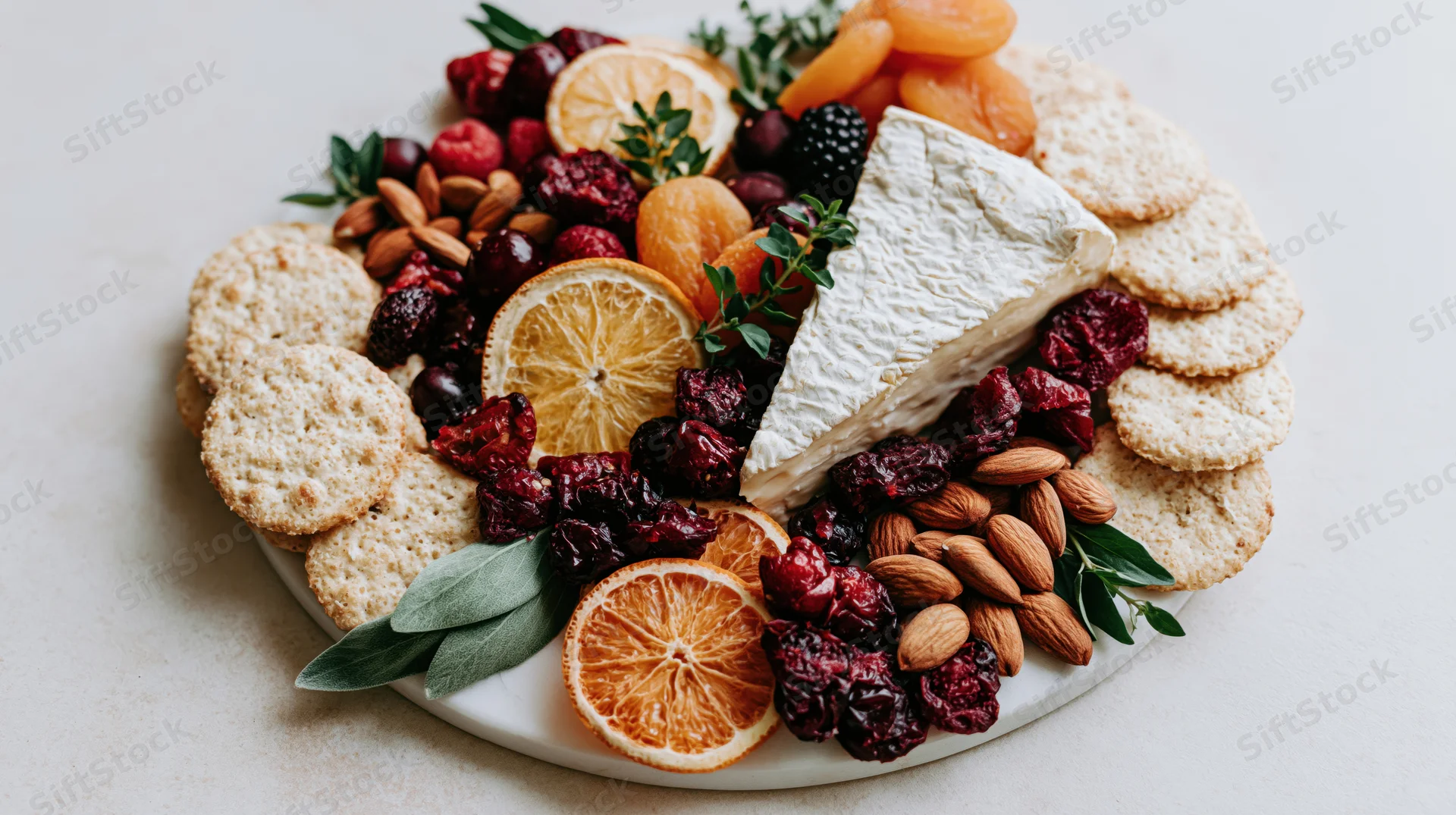 A charcuterie spread with cheese, crackers, dried fruit, nuts and herbs arranged on a white plate in a flat lay composition