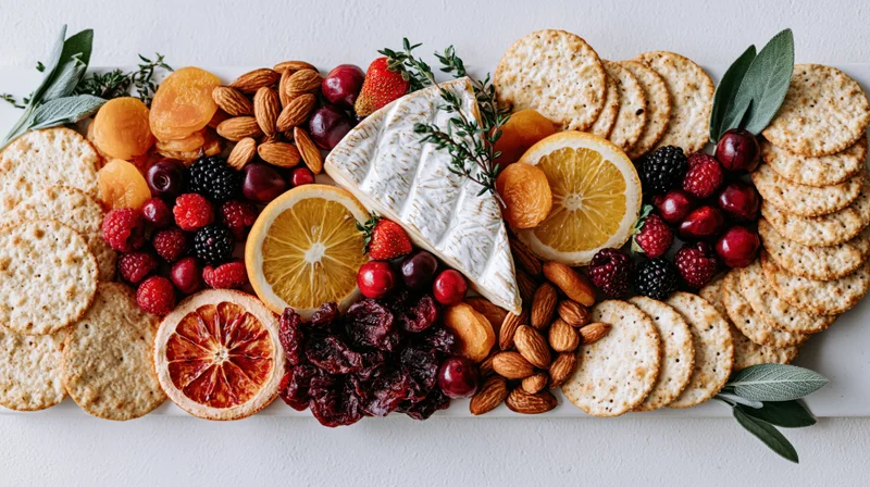 Horizontal charcuterie spread with cheese, fruit, crackers, nuts and herbs on a white surface