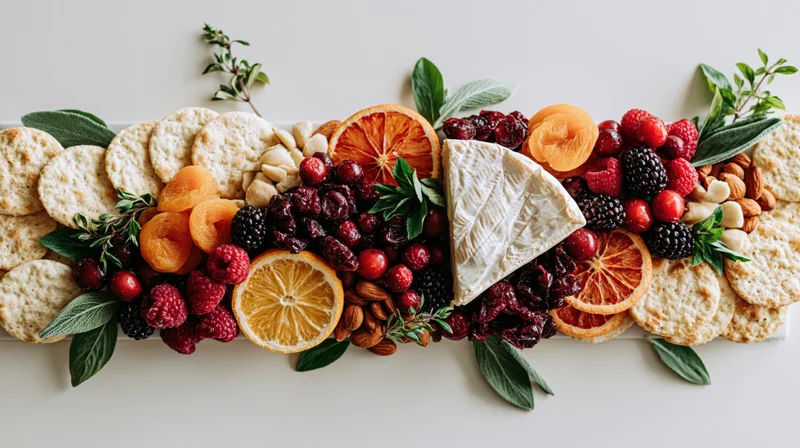 Horizontal charcuterie spread with cheese, fruit, crackers and nuts arranged on a white platter
