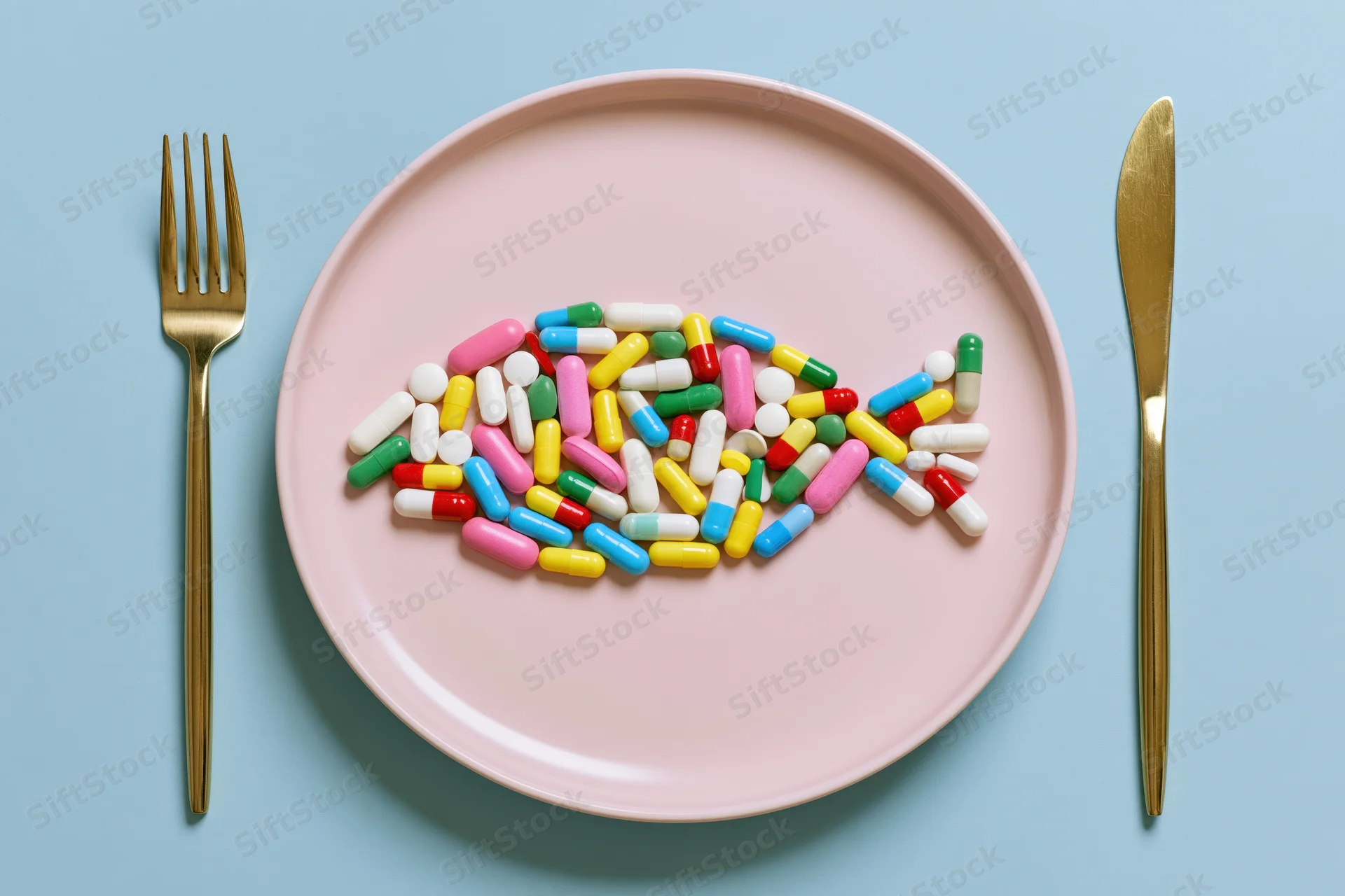 Colorful pills arranged in fish shape on pink plate with gold fork and knife on blue background