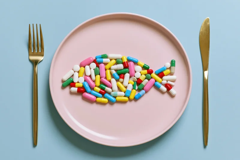 Colorful pills arranged in fish shape on pink plate with gold fork and knife on blue background