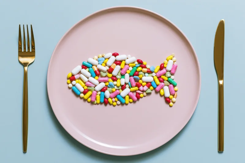 Colorful pills arranged in fish shape on pink plate with gold cutlery on blue background