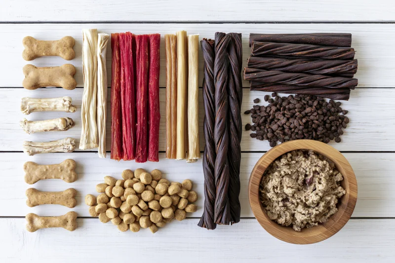 Assorted dog treats and chews arranged in a grid on a white wooden surface