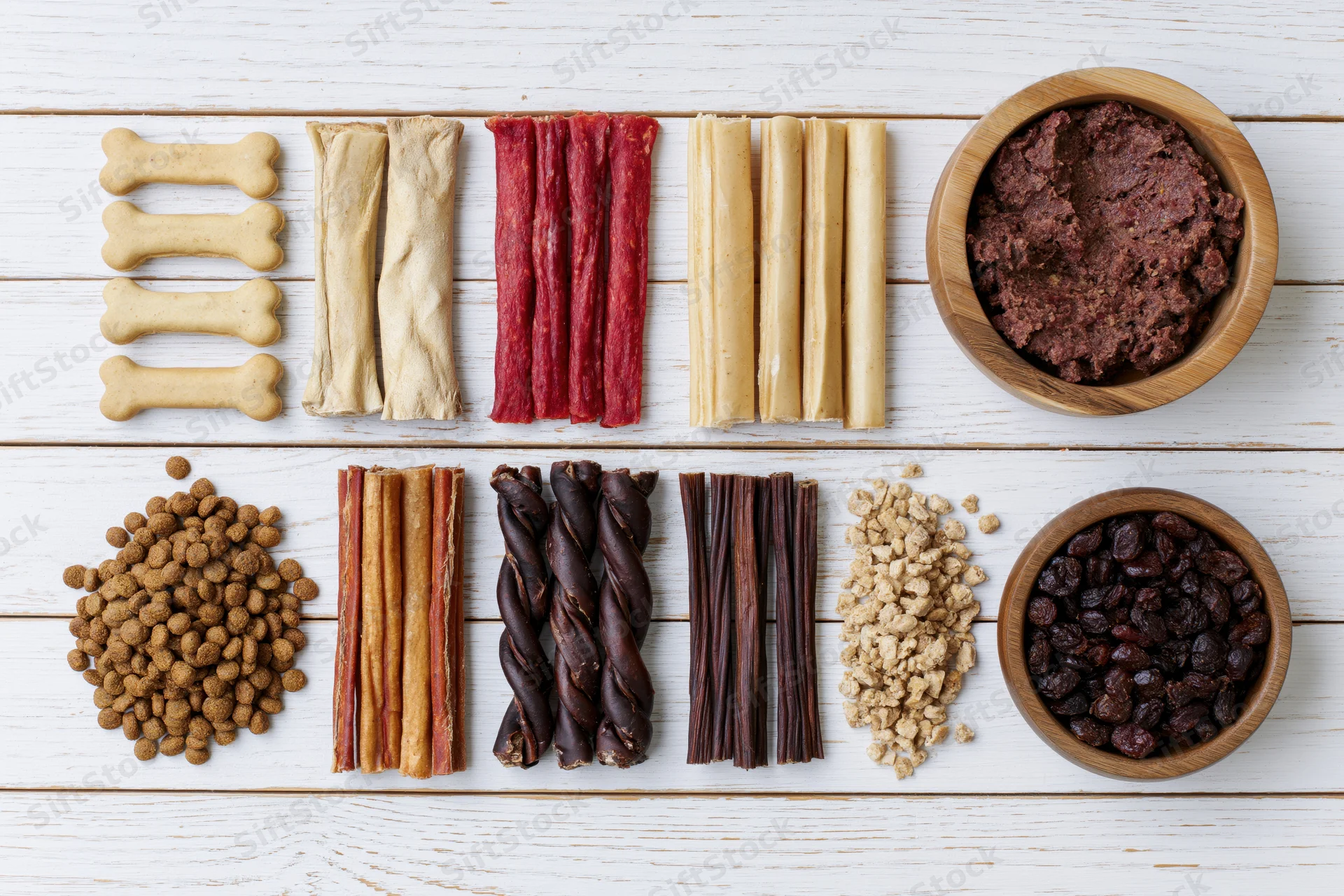 Assorted dog treats and chews arranged in grid on white wooden surface