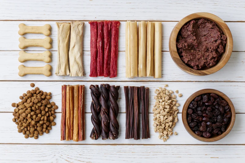 Assorted dog treats and chews arranged in grid on white wooden surface