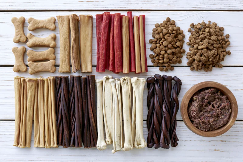Assorted dog treats and chews arranged in a grid on a white wooden surface