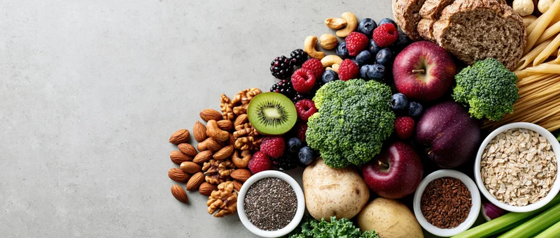 Assorted healthy foods arranged in a flat lay along the right side of a light surface